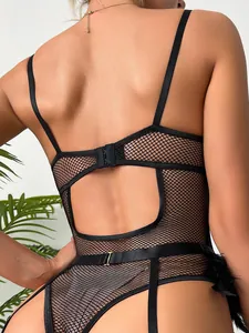 Back view of sexy black fishnet bodysuit with delicate feather trim and lace-up design