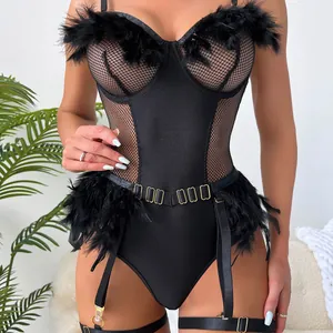 Sexy black mesh bodysuit with faux feather trim and garter straps for roleplay