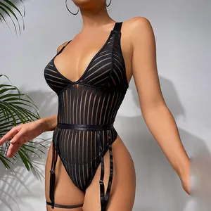 Detail of sheer black striped mesh teddy bodysuit with deep V-neck and adjustable garters