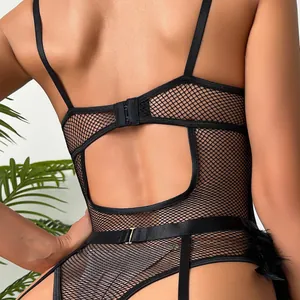 Black mesh lingerie bodysuit with feather trim and open back design for women