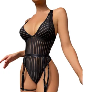 Sexy black striped sheer teddy bodysuit with deep V-neck and adjustable garter straps