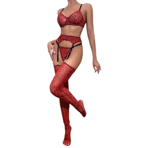 Red leopard print 4-piece lingerie set with bra, garter belt, panty and stockings