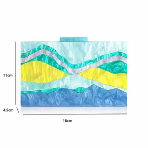 Acrylic evening clutch with multicolored wave marble pattern and detailed size dimensions
