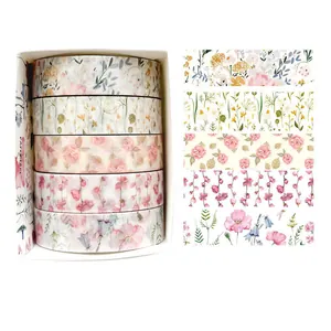 Five rolls of floral washi tape set in various watercolor designs with box