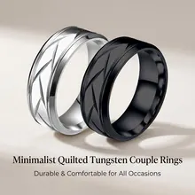 Macro shot of minimalist quilted tungsten rings showing detailed silver and black metal texture
