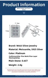 Technical dimensions of S925 silver moissanite earrings showing 12mm height and stones