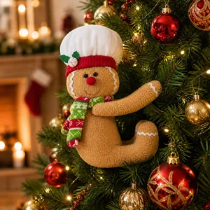 Détail de décoration bonhomme en pain d'épices en peluche avec toque et écharpe