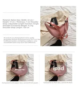 Pink nylon crescent bag size comparison with A4 magazine and iPad for daily use