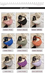 Multi-color nylon half-moon crossbody bags shown in a 3x3 grid with size scale reference