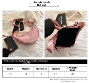 Detailed size guide for nylon crescent bag with dimensions and daily capacity specs