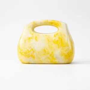 Sac De Soirée En Acrylique Forme Coquille Motif Marbre Jaune Avec Chaîne Dorée Pour Femme Fête Mariage Mode