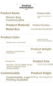 Detailed specifications for luxury iron box evening clutch bag with gem accents