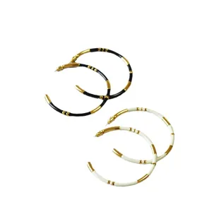 Black and white enamel bamboo style oversized gold-plated hoop earrings set for women