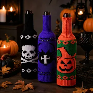 Halloween knitted wine bottle covers set with skull pumpkin and spider patterns