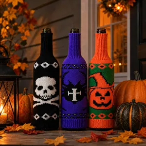 Detailed knitted texture of Halloween skull and pumpkin wine bottle covers on table