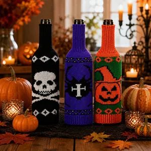 Detailed knit Halloween wine bottle covers featuring skull, bat and pumpkin patterns