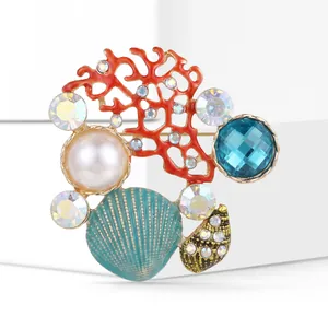 Exquisite Alloy Rhinestone Sea Shell Conch Starfish Brooch With Faux Pearl For Women Suit Shirt Pin Jewelry Accessory