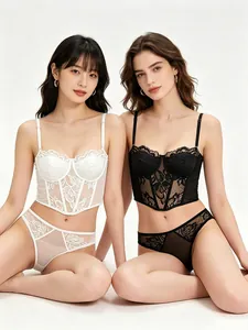 French lace corset lingerie set with satin finish and delicate floral lace detailing