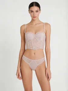 French lace corset lingerie set with floral mesh stitching and adjustable straps
