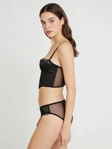 Detail view of black lace bustier with sheer mesh panels and matching low-rise brief set