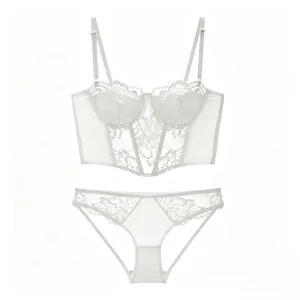 Detailed view of French white lace corset bra and matching panty set with satin finish