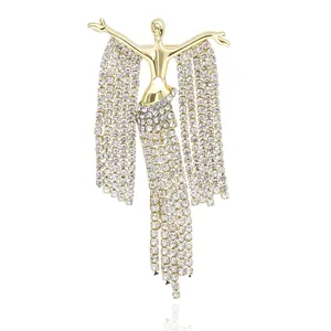 Elegant Alloy Rhinestone Brooch Pin Abstract Human Shape Long Tassel Fringe Fashion Jewelry For Women