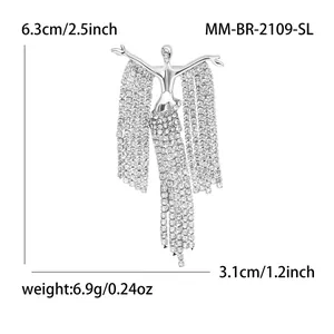 Elegant silver tassel brooch for women with sparkling rhinestones and goddess silhouette