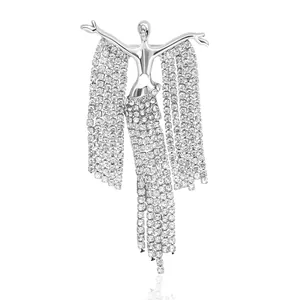 Elegant silver-toned dancer brooch with sparkling rhinestone tassels and fluid design
