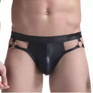 Men's sexy black faux leather cutout underwear with metal rings on white background
