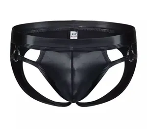 Men's black faux leather athletic brief with hollow out design and metal rings