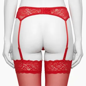 Red lace garter belt and thigh high stockings set with gold buckle details for women