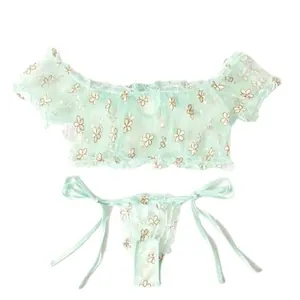 Mint green two-piece floral lace lingerie set with ruffled off-shoulder top and side-tie thong