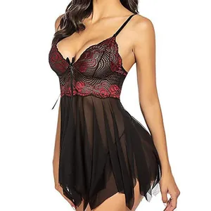 Sexy schwarzes Mesh-Babydoll mit roter Spitze, Schleifen-Detail und Saumkante
