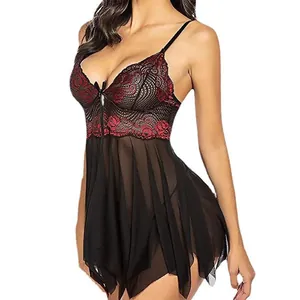 Sexy Babydoll-Nachthemd aus roter und schwarzer Spitze und Mesh mit Trägern für Damen