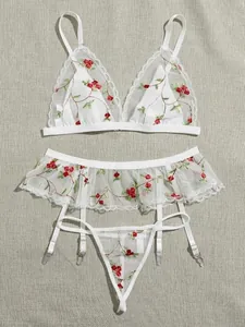 Women Sexy White Sheer Mesh Floral Embroidery Bra Garter Belt And Thong Romantic Lace Embroidery Sleepwear Lingerie
