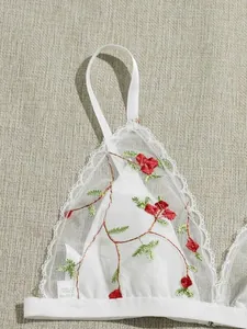 Floral embroidery mesh bra set with red roses and white lace trim in a three-piece style