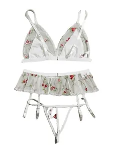 Three-piece white mesh lingerie set featuring romantic red rose embroidery and lace