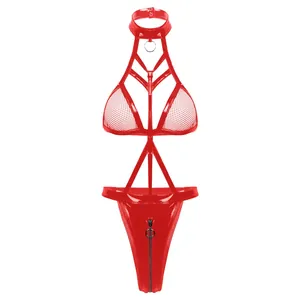 Sexy red patent leather and mesh teddy lingerie with halter neck and metal ring details