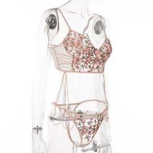 Detail von rosa Blumenstickerei auf transparentem Netz-Dessous-Set mit Quasten-Details