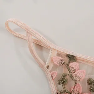 Nahaufnahme der rosa Spitze auf transparentem Netzstoff mit goldenen Akzenten