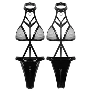 Detail view of black patent leather harness lingerie with metal ring and front zipper