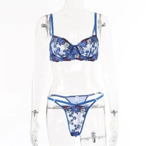 Detail of dark blue floral lace embroidery on sheer mesh lingerie two-piece set