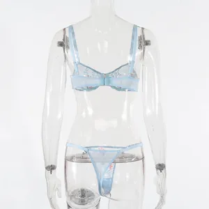 Dettaglio del set lingerie in rete azzurra con ricami floreali rosa e chiusura posteriore