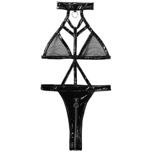 Detailed view of black patent leather and mesh lingerie with a silver metal crotch zipper