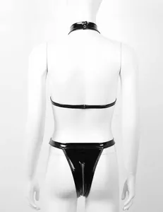 Detail of black patent leather lingerie set featuring open back design and metal zipper