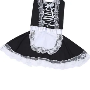 Costume de servante sexy noir et blanc avec dentelle et détails de laçage au bustier