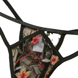 Sexy black floral lace lingerie set with colorful embroidery and strappy details