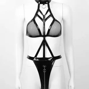 Sexy black patent leather and mesh teddy lingerie with metal O-ring and zipper detail