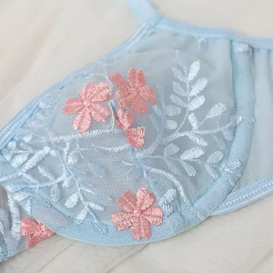 Dettaglio del reggiseno in rete azzurra con ricami floreali rosa e pizzo raffinato