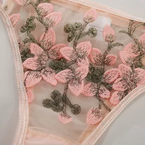 Detailaufnahme der rosa Blumenstickerei und Netzstoff-Details dieser Damenunterwäsche